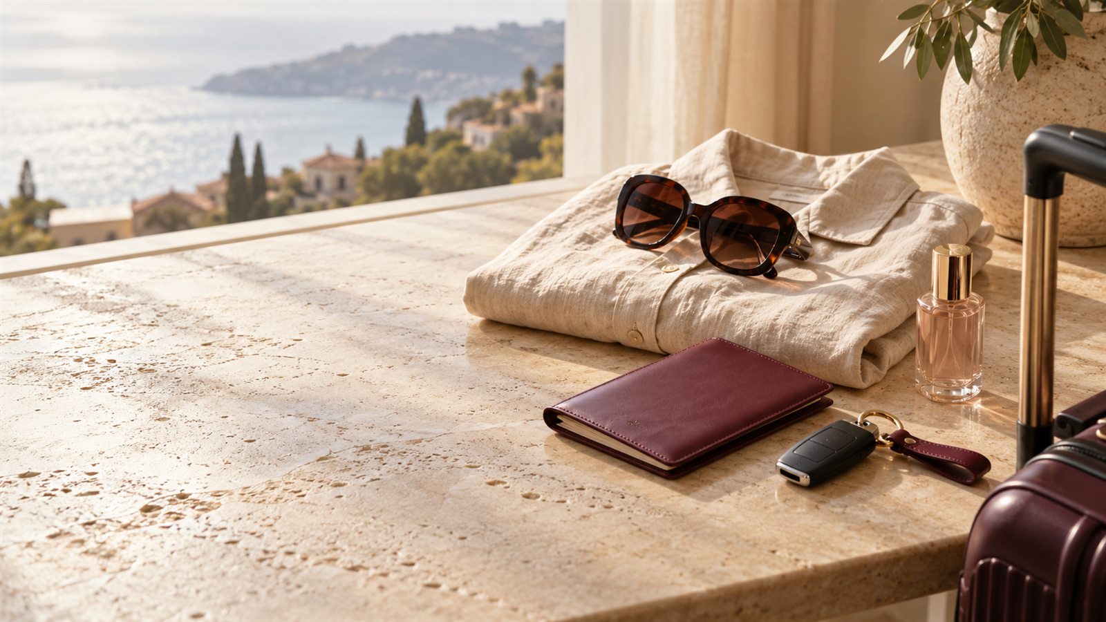 Folded linen clothing, sunglasses, travel accessories and a car key arranged in natural window light